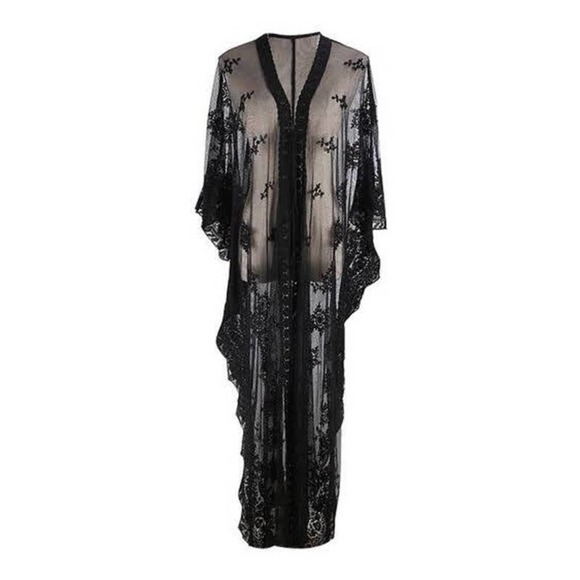 Boho Gypsy Beach Goddess Swim Cover Up Black Maxi Dress Duster Tie Front - Picture 5 of 13